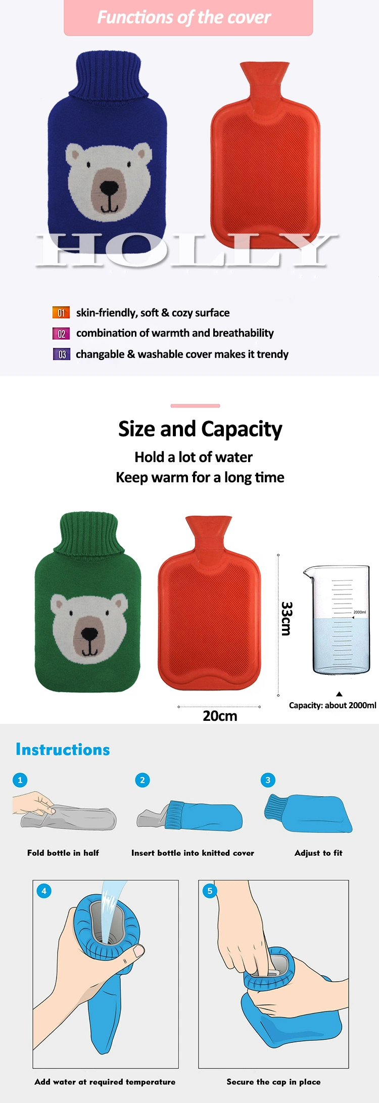 New Design 2000ml Rubber Hot Water Bag with Amazon Custom Knit Cover