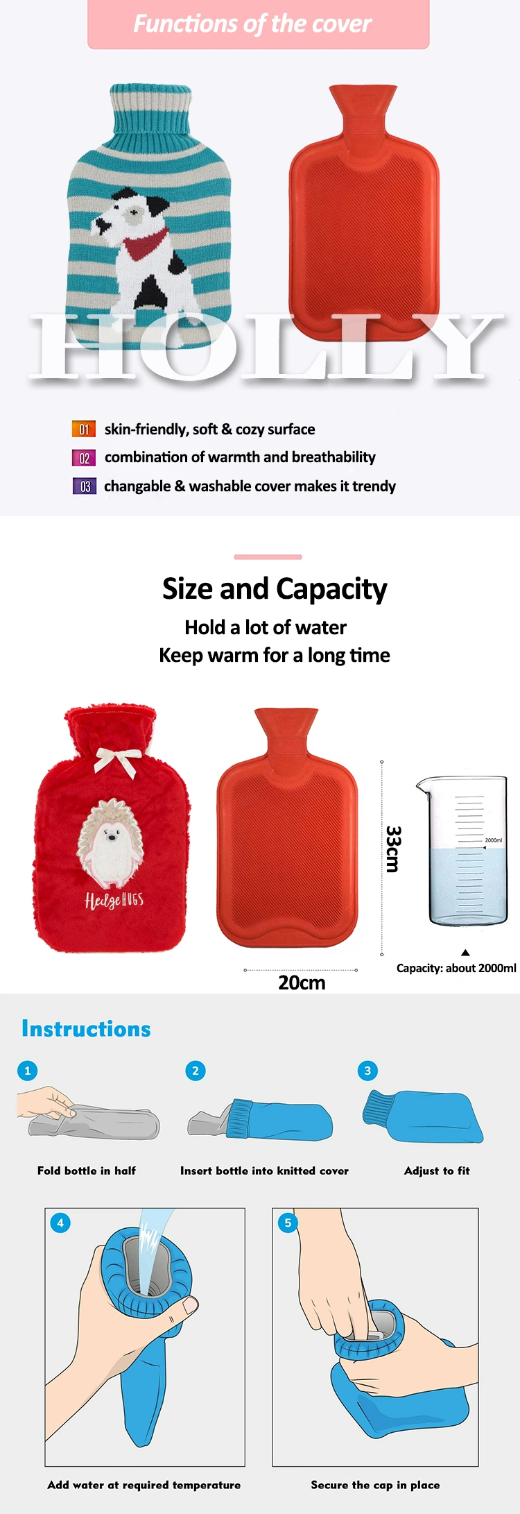 Custom Hot Cold Rubber Silicone Bottle and Knitted Hot Water Bag Cover
